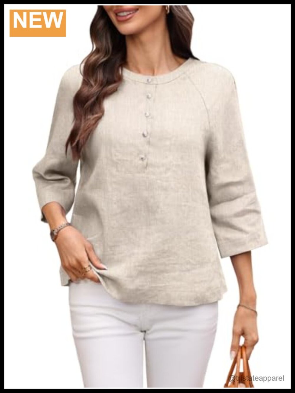 Women's 100% Linen Blouse 3/4 Sleeve Henley Button Up Shirt Casual Summer Top